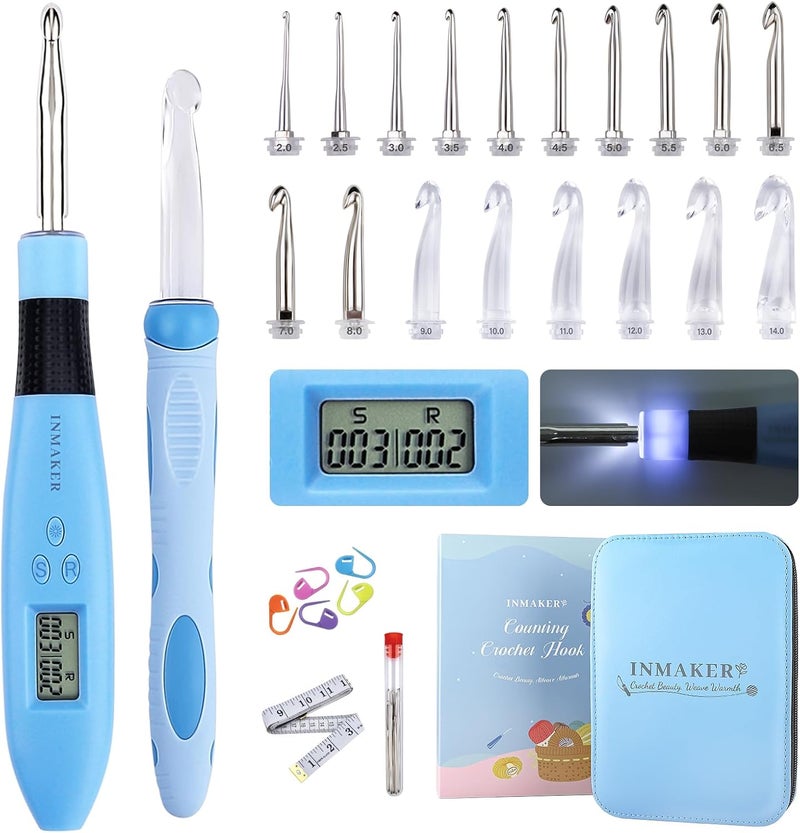 INMAKER Light up Crochet Hooks Ergonomic Soft Grip, Large Counting Crochet Hook Set Digital, Lighted Crochet Needles Kit with Case - Image 1